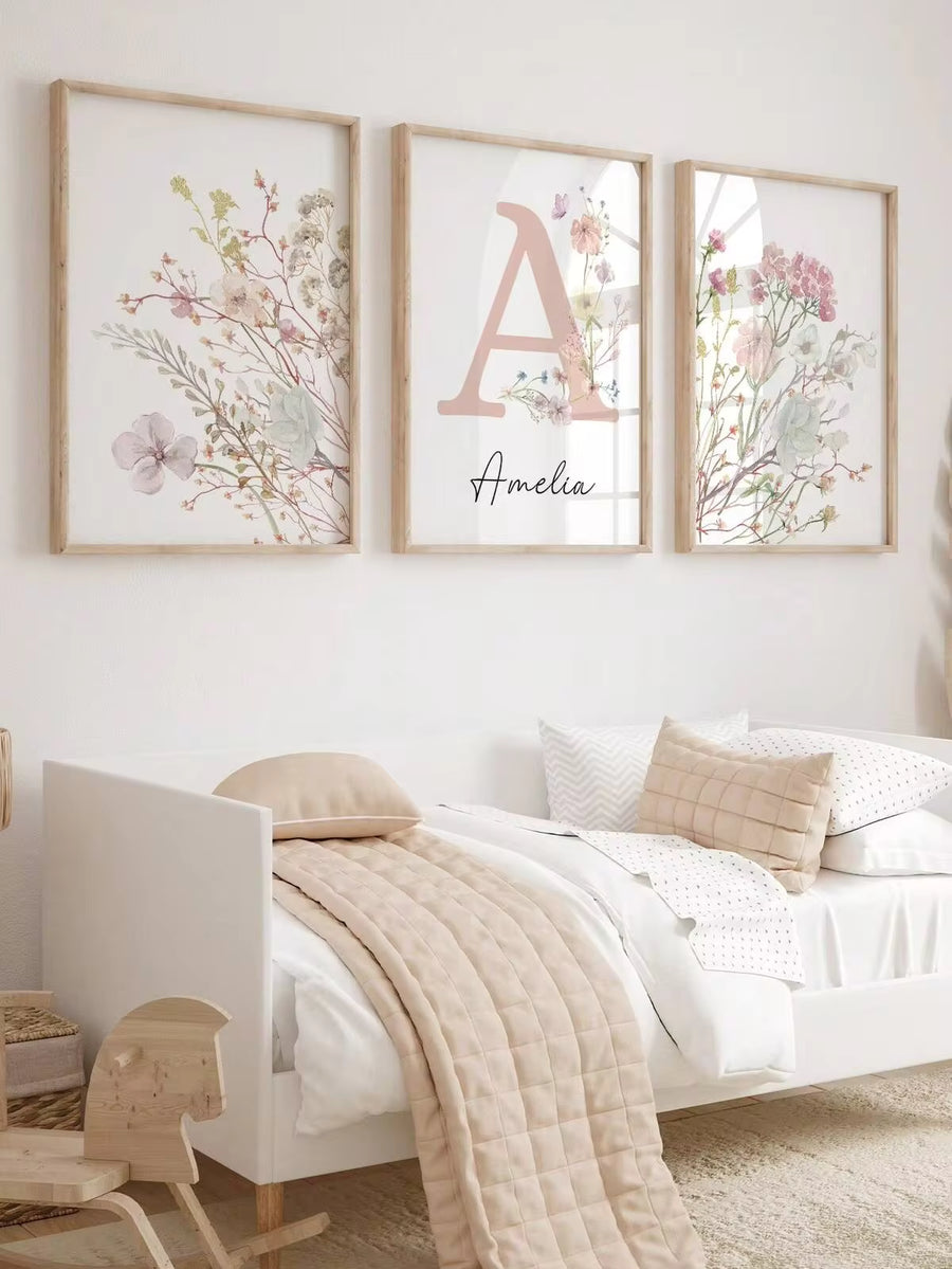 3 Pcs Personalized Name Custom Wildflowers Canvas Poster Pink Floral Youth Room Decoration Girls Bedroom Wall Decoration Kindergarten Decoration Poster Birthday Christmas Present No Frame, For Housewarming, Aesthetic Room Vibe