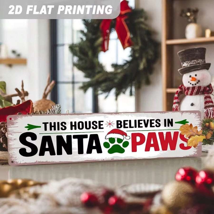 2D Flat, 1pc This House Believes In Santa Paws Metal Sign - Retro Farmhouse Christmas Dog Paw Print Wall Decor, Iron Pet-Friendly Hanging Plaque Suitable For Living Room, Bedroom, Entryway - Holiday Decoration 3.94x15.75 Inch, 2D Flat, Christmas